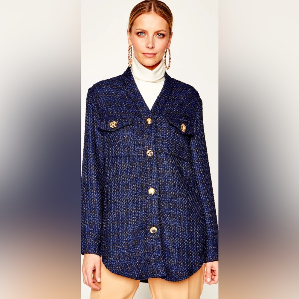 NWT Pinko Valerie stretch-knit cardigan navy blue/black with gold buttons size M - Picture 3 of 12